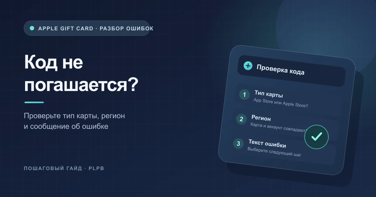 Три шага проверки Apple Gift Card: тип карты, регион аккаунта и текст ошибки
