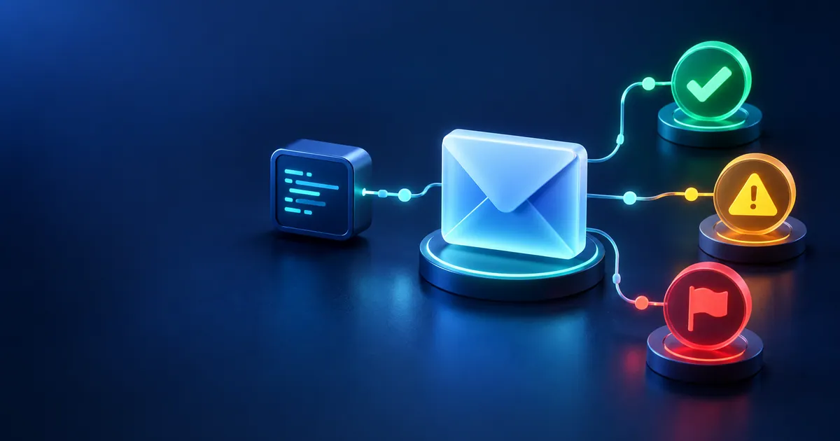 Иллюстрация тестирования email: API, письмо, доставка, отказ и жалоба на спам