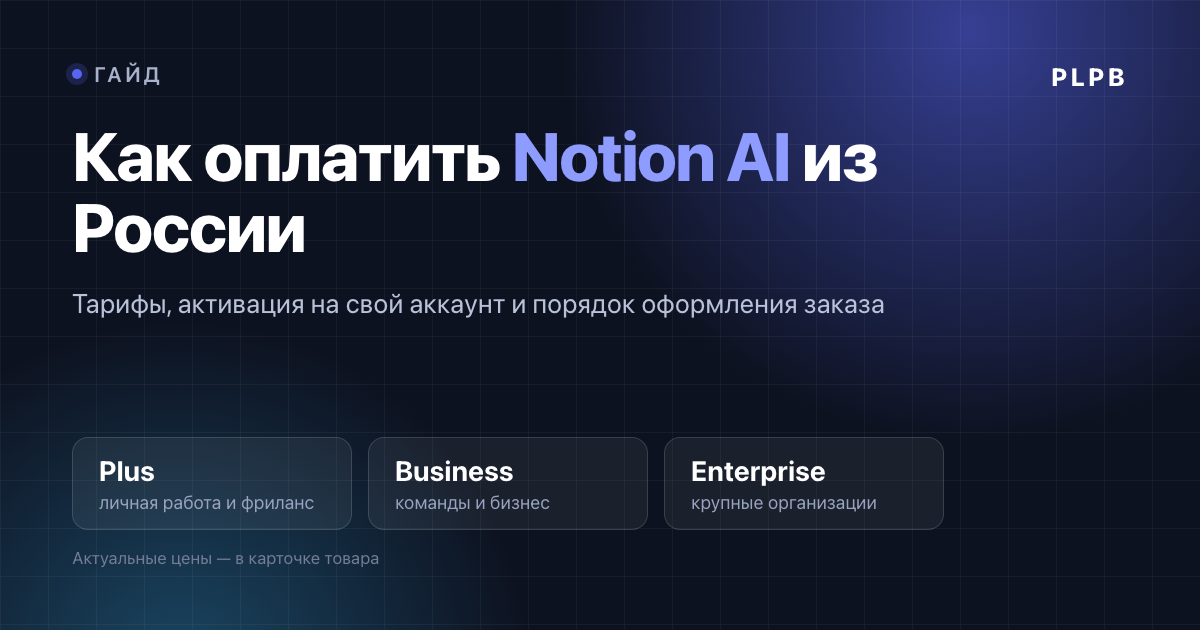 Обложка статьи: тёмная плашка с заголовком «Как оплатить Notion AI из России» и тремя тарифами Notion AI — Plus, Business и Enterprise.